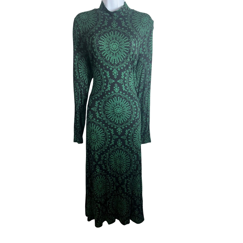 Boden Alberta Midi Dress US 10R Green Black Damask Mock Neck Long Sleeve D0787